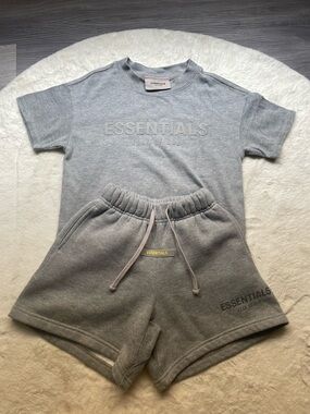 Fear of God Essentials Grey Pullover Sweatshirt and  Shorts Set for kids